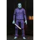 Friday the 13th Action figure in a purple outfit with a white mask holding a knife, standing in a dark outdoor setting.