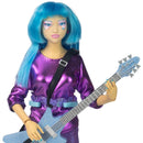 Aja from Jem and The Holograms Doll with blue hair and purple outfit holding a blue guitar on a white background