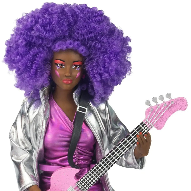 Jem and the Holograms Shana 12-Inch Fashion Doll by The Loyal Subjects with purple hair and a pink guitar on a white background