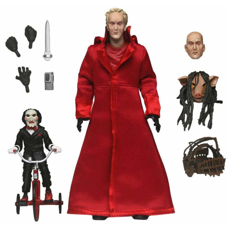 Saw Ultimate Jigsaw with Red Robe 7 Inch Scale NECA Action Figure pictured with Billy the puppet and accessories