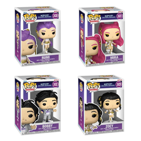 Four K-pop Funko Pop! vinyl figures in their packaging on a white background