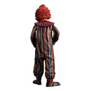 Clown costume with striped suit and red hair on a white background