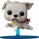 White dog figurine with a red collar and yellow tag on a blue stand against a white background  - Krypto