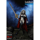 Action figure of Lady Death with a sword against a dark background