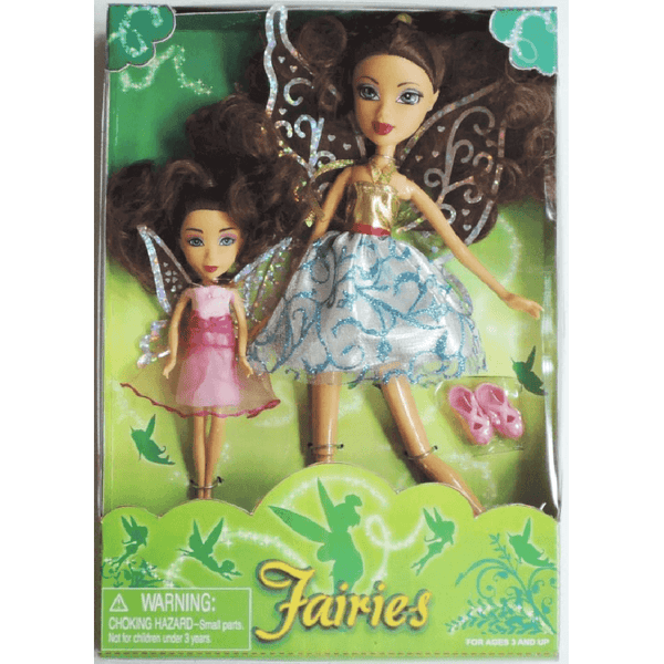 Two fairy dolls in packaging with 'Fairies' branding on a green background