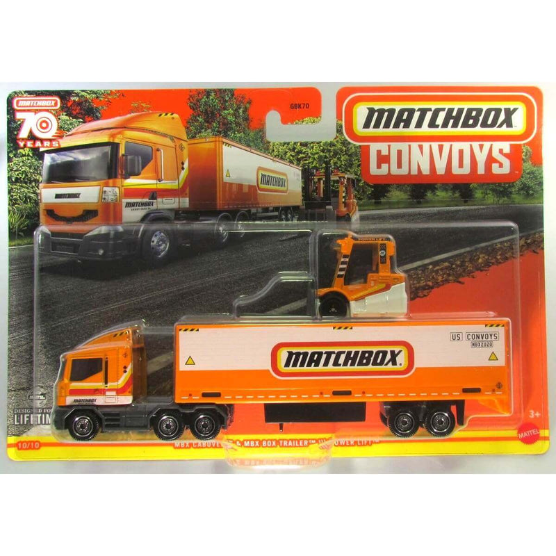 Matchbox 2023 Convoys (Wave 1) 1:64 Scale 7-Inch Diecast Rig with Vehicle, MBX Cabover - MBX Box Trailer - Power Lift