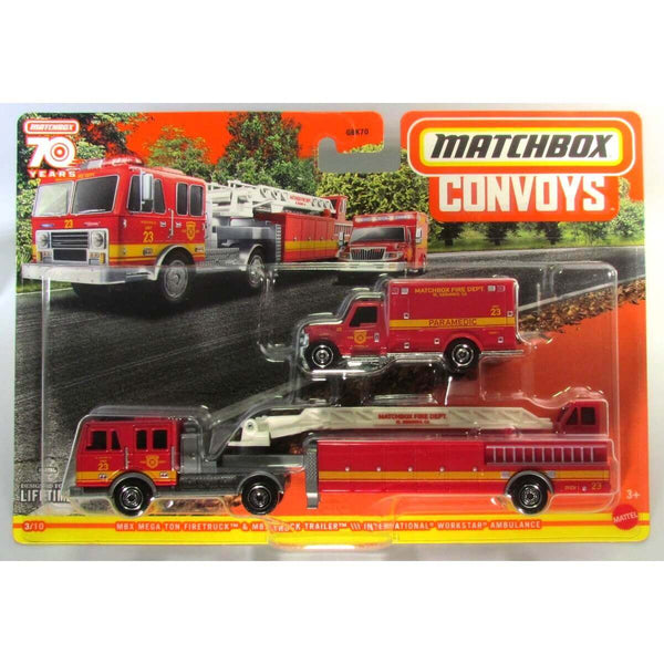 Matchbox 2023 Convoys (Wave 1) 1:64 Scale 7-Inch Diecast Rig with Vehicle, MBX Mega Ton Firetruck - MBX Truck Trailer - International Workstar Ambulance