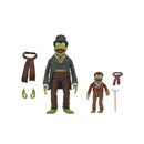 Two Kermit the Frog action figures in vintage clothing, shown on a plain white background. The larger Kermit wears a dark gray coat, brown trousers, and a black top hat, with a green and red striped scarf and accessories.