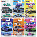 A 6-pack of Matchbox toy cars in their original blister card packaging, featuring various themed sets including Junior Mints, Candy Blox, Charleston Chew, Razzles, Pops, and Dots.