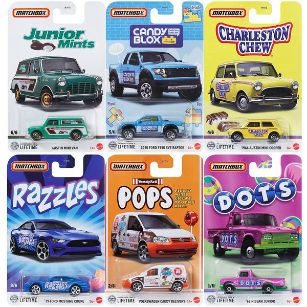 A 6-pack of Matchbox toy cars in their original blister card packaging, featuring various themed sets including Junior Mints, Candy Blox, Charleston Chew, Razzles, Pops, and Dots.