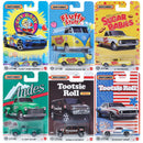 A 6-pack bundle of Matchbox Hot Wheels toy cars in their original blister card packaging, featuring various themed vehicles like Cry Baby, Fluffy Stuff, Sugar Rabbits, Andes, Tootsie Roll, and Tootsie Roll Camaro.