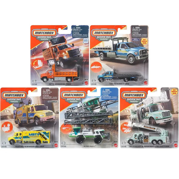 A set of six Matchbox Working toy dump trucks in their original blister packaging, displayed against a clean white background.
