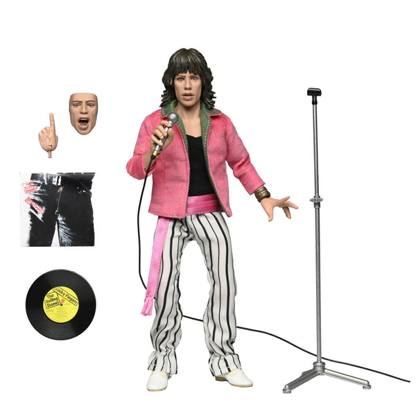 Action figure of Mick Jagger in a pink jacket and striped pants with accessories on a white background