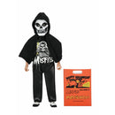 Halloween costume with skeleton design and 'Misfits' branding, including a bag with the same branding.