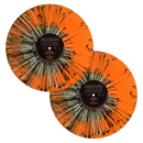 Two orange vinyl records with a sunburst design on a white background