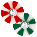 Two vinyl records with red and green striped design on a white background