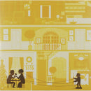 Illustration of a couple sitting at a table with a child playing outside on a yellow background