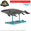 Jurassic World Rebirth Mosasaurus Plannosaurus Model Kit, displayed on stand with dinosaur build