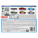 Back of a toy car packaging with illustrations of cars and text.