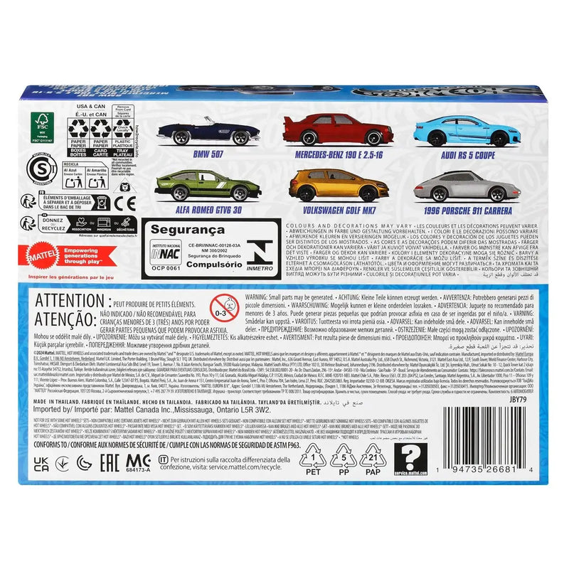 Back of a toy car packaging with illustrations of cars and text.
