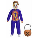 Michael Myers Ben Cooper Halloween costume with purple outfit and pumpkin basket on a white background