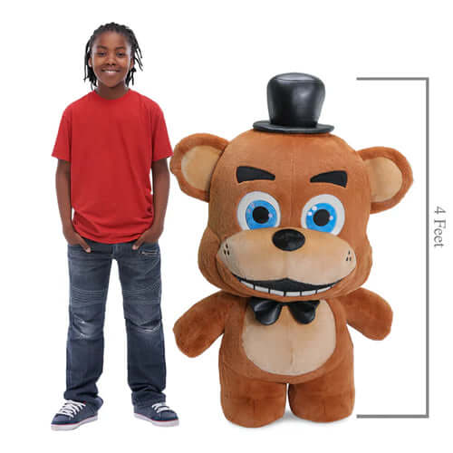 Five Nights At Freddy's Freddy Fazbear Life-Size 4-Foot Kidrobot Plush, standing next to kid who is similar in height