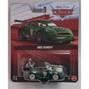 Green toy race car in packaging with Disney Pixar Cars branding