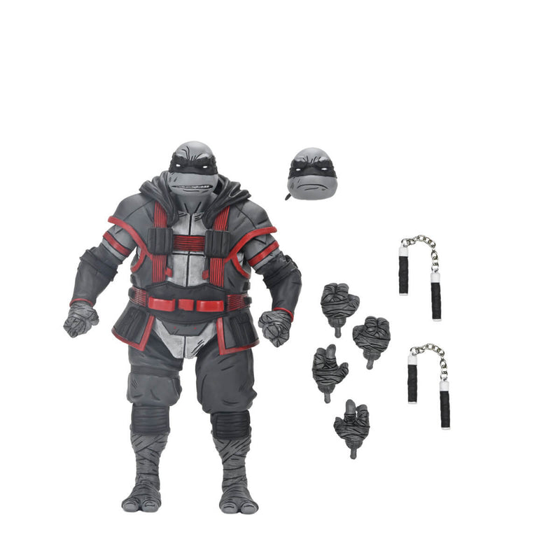 Nightwatcher Michelangelo (TMNT, The Last Ronin) 7" Scale NECA Action Figure alongside accessories which include extra hands and nunchucks