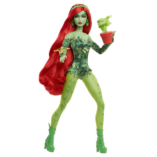 Poison Ivy Barbie Signature Doll Gold Label DC Batman 85th Anniversary, figure holding plant