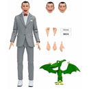 Pee-ween Herman Figure shown with mouth wide open next to accessories that include Pterri plus additional hands, and heads for Pee-wee himself