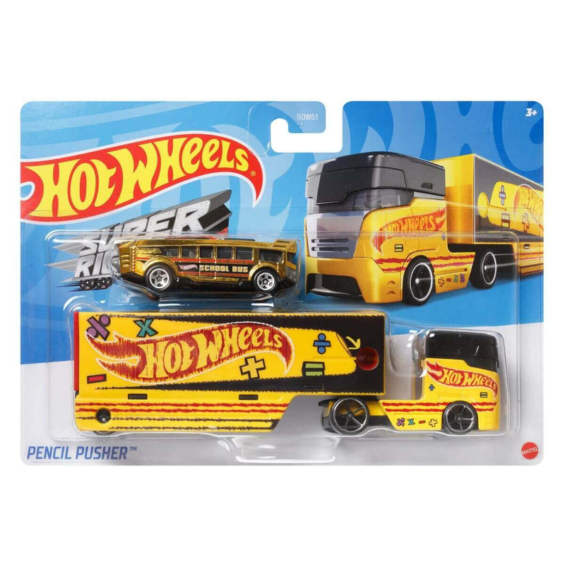 Hot Wheels 2023 Super Rigs (Mix 4) 1:64 Scale Diecast Hauler & Car, Pencil Pusher