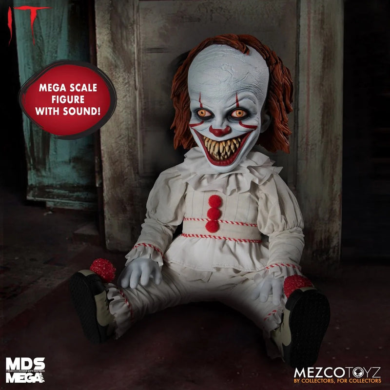 Mezco Toyz IT: Talking Sinister Pennywise Designer Series 15-Inch Doll, sitting position