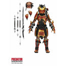 Predator Hunting Grounds Ultimate Samurai Predator 7-Inch Scale NECA Action Figure standing next to accessories that come along with figure which include an additional head and pair of hands and sword and staff