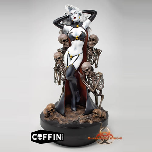 Lady Death Reaper Premium 16" Collectible Statue - Coffin Comics, front view with coffin comics ad