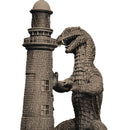 Monster-like creature climbing a lighthouse on a white background