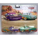 Toy car packaging featuring two cartoon cars on a scenic background