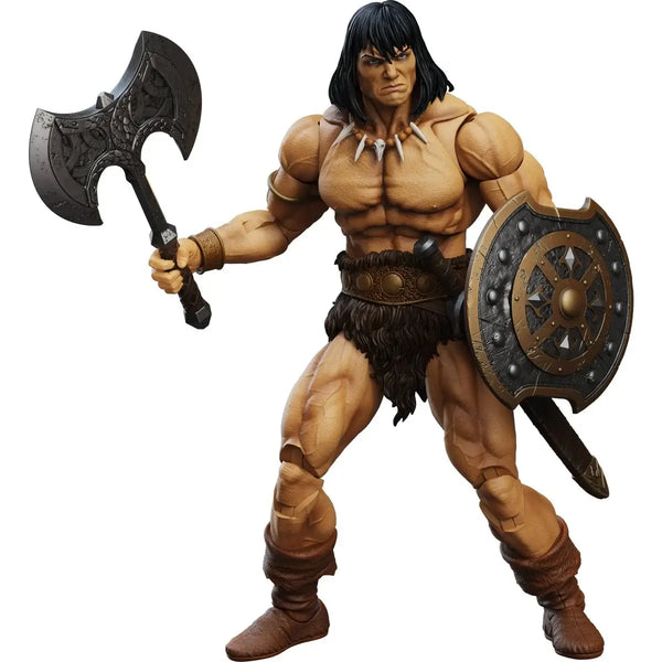 Conan the Barbarian Action figure holding an axe and shield on a white background