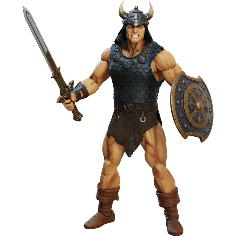 Conan the Barbarian action figure holding a sword and shield on a white background
