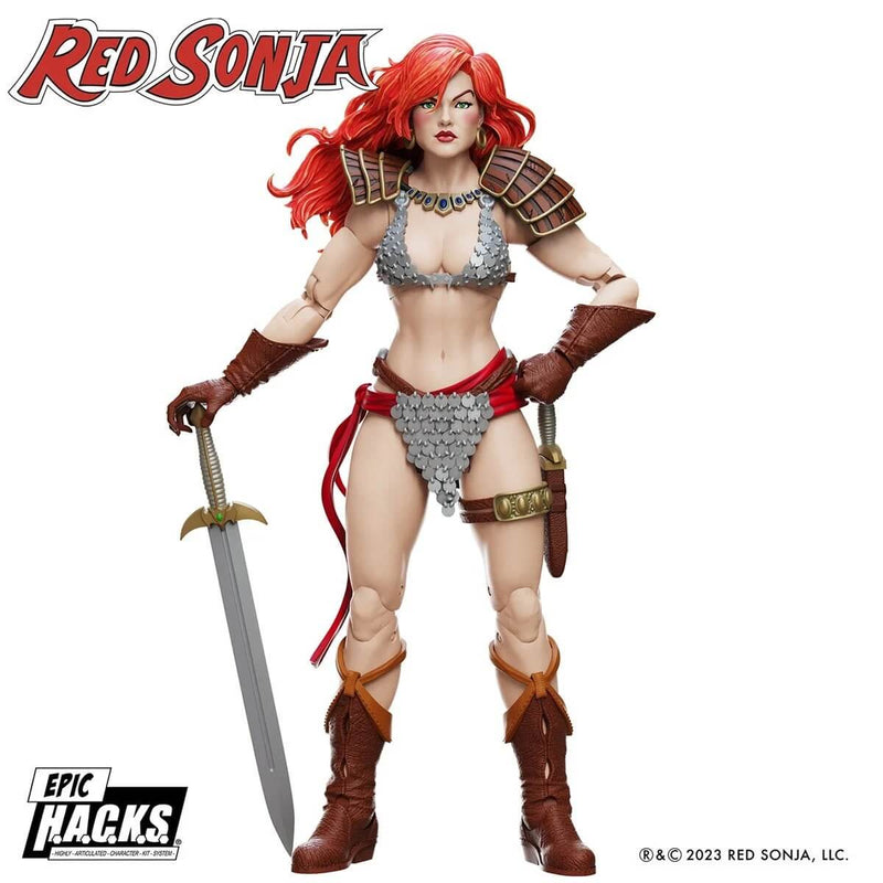 Red Sonja Epic H.A.C.K.S. 1:12 Scale Action Figure - Boss Fight Studio, unpackaged standing with word