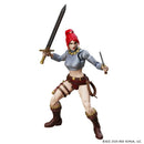 A collectible action figure of a female warrior character in a battle stance, holding a large sword in her right hand and a smaller dagger in her left.