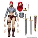 A collectible action figure of a female warrior with red hair on a white background.