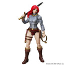 A female fantasy warrior action figure with long red hair, wearing silver chainmail armor.