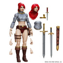 A red-haired female fantasy action figure shown with multiple accessories including swords.