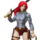 Red Sonja action figure wearing silver chainmail armor, a red belt, brown leather accessories.