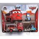 Toy fire truck and blue car in packaging with Disney Pixar Cars branding
