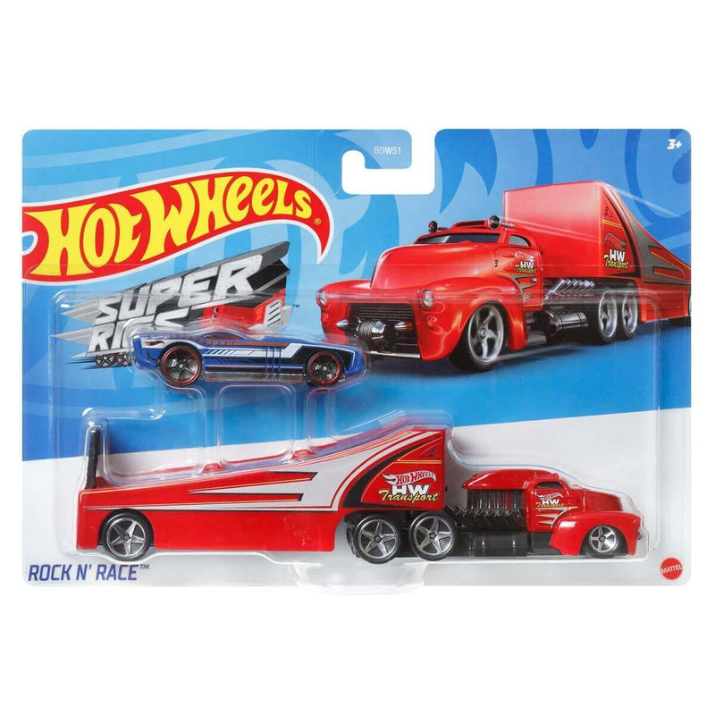 Hot Wheels 2023 Super Rigs (Mix 4) 1:64 Scale Diecast Hauler & Car,  Rock N' Race