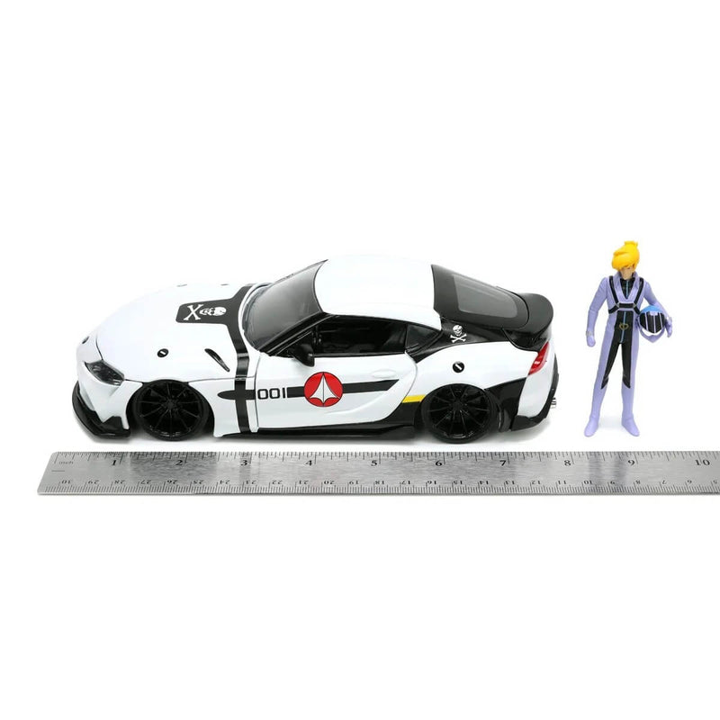 2020 Toyota Supra with Roy Fokker Figure 8" Robotech 1:24 Scale Die-Cast Vehicle, unpackaged showing length