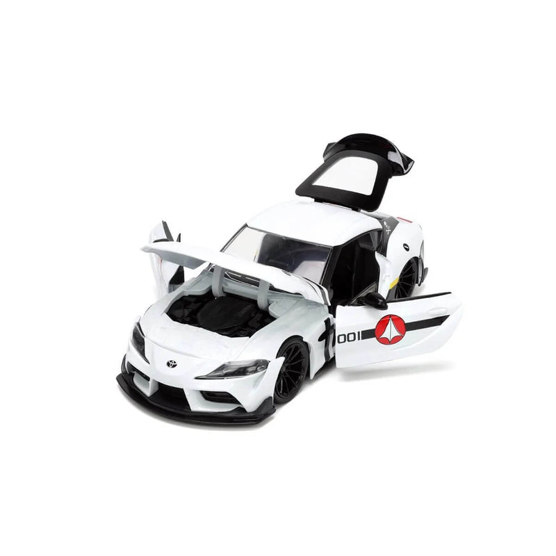 2020 Toyota Supra with Roy Fokker Figure 8" Robotech 1:24 Scale Die-Cast Vehicle, unpackaged with doors, trunk, and hood open