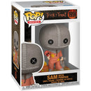 Funko Pop! Movies packaging featuring a vinyl figure of Sam from 'Trick 'r Treat' with a pumpkin.