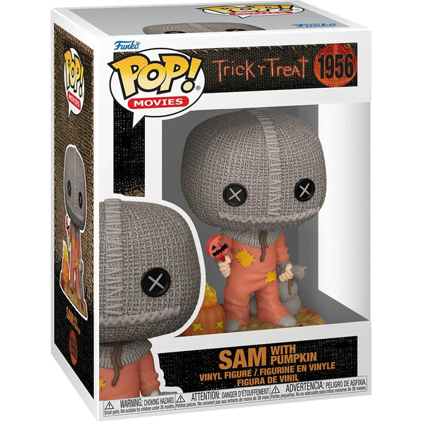 Funko Pop! Movies packaging featuring a vinyl figure of Sam from 'Trick 'r Treat' with a pumpkin.